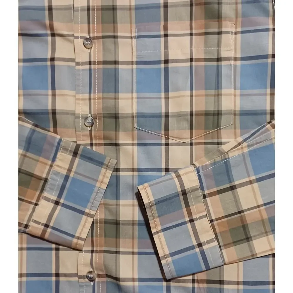 Banana Republic Untucked Fit Men's sz L Long Sleeve Shirt Brown Blue Black Plaid